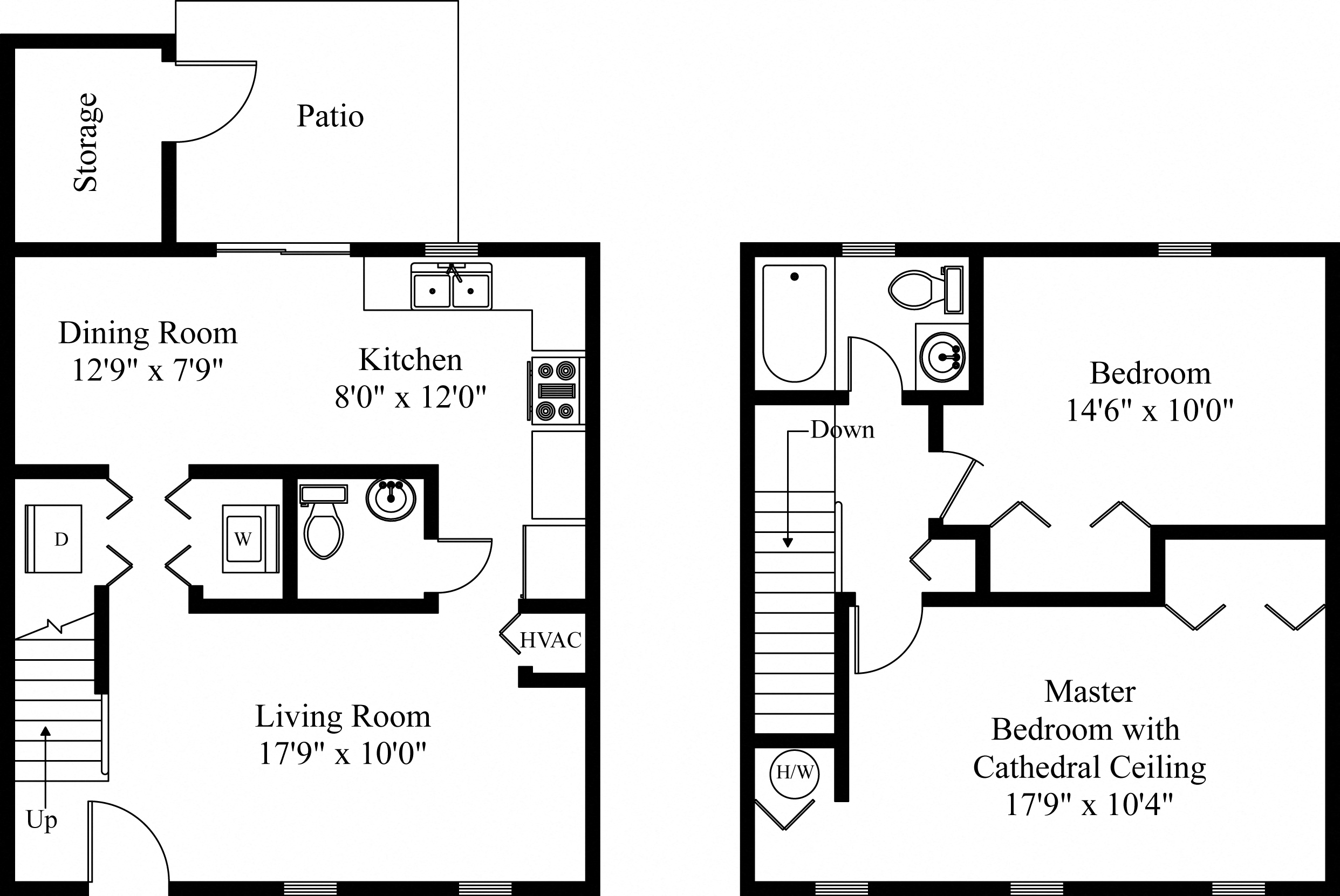 Floor plan for 2 beds, 1.5 baths, 970 sqft